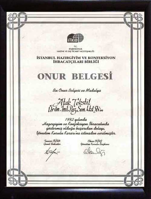 1992 İHKİB Onur Belgesi