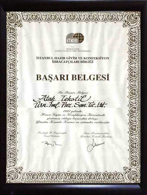 1991 İHKİB Başarı Belgesi 