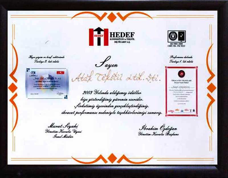 HEDEF 2003 Teşekkür Belgesi